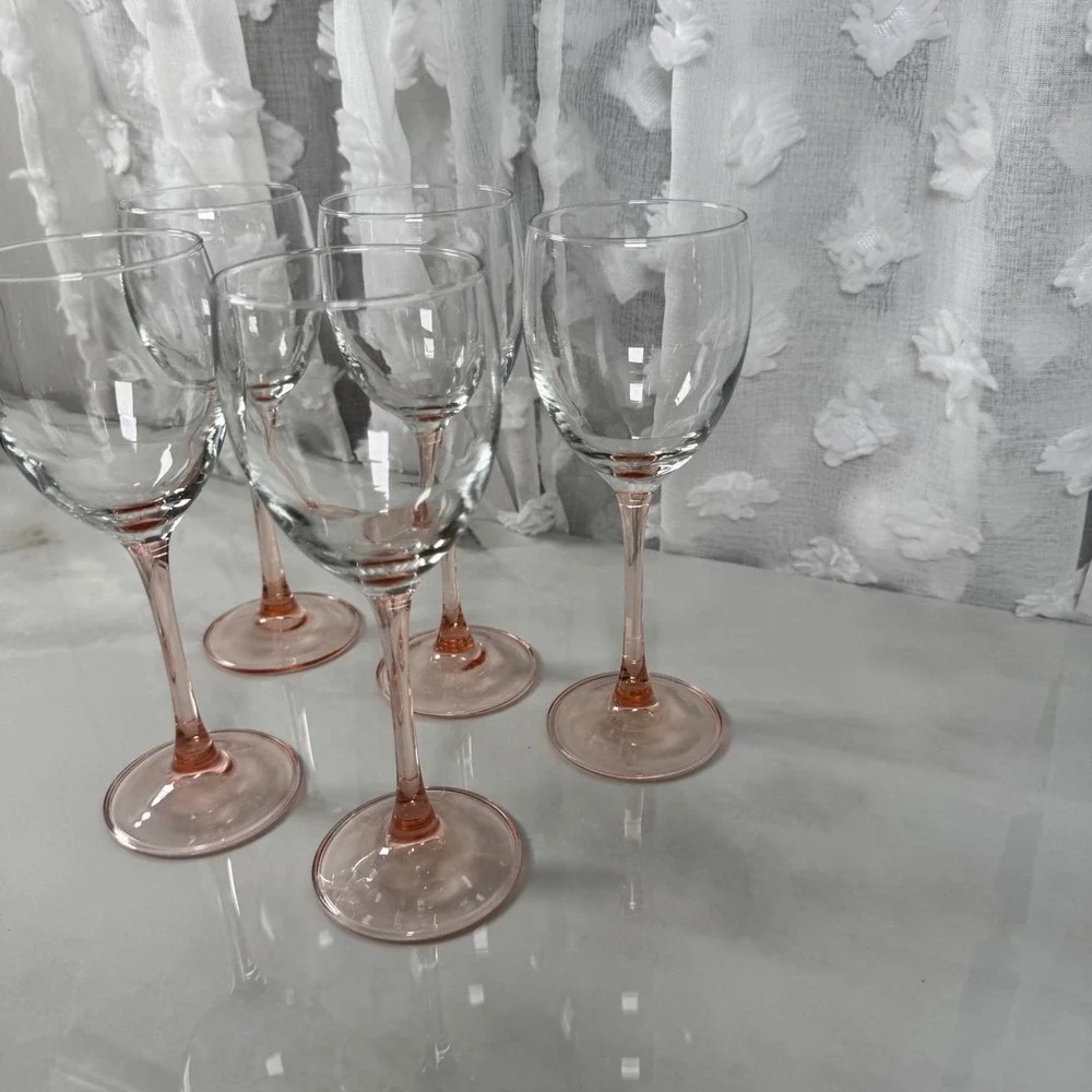 Vtg Luminarc France Pink Stem Wine Glasses Goblets Set of 5 Stemware Home‎ Bar
